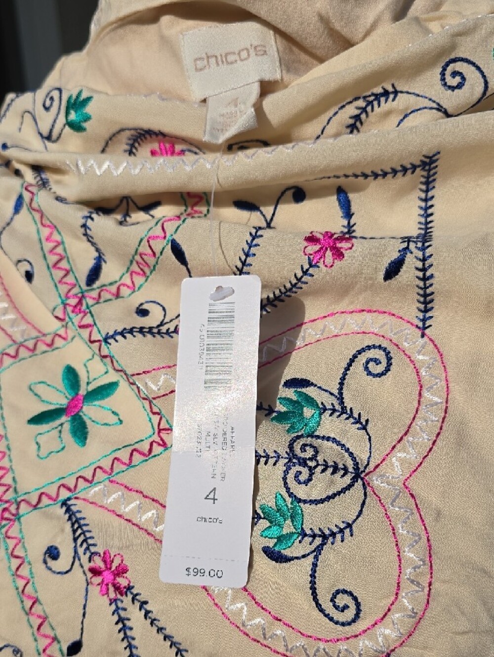 Chico's Cream Embroidered Floral Boho Blouse with Pink & Teal Accents - Picture 3 of 10